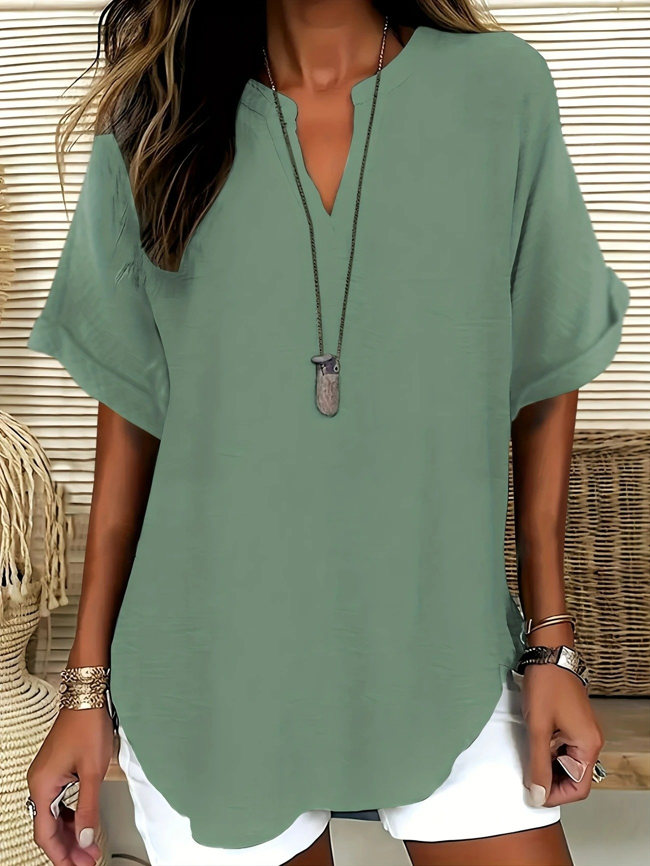 Damen Unifarben Halbarm Bluse Sommer Schalkragen Täglich Lässig Oberteile