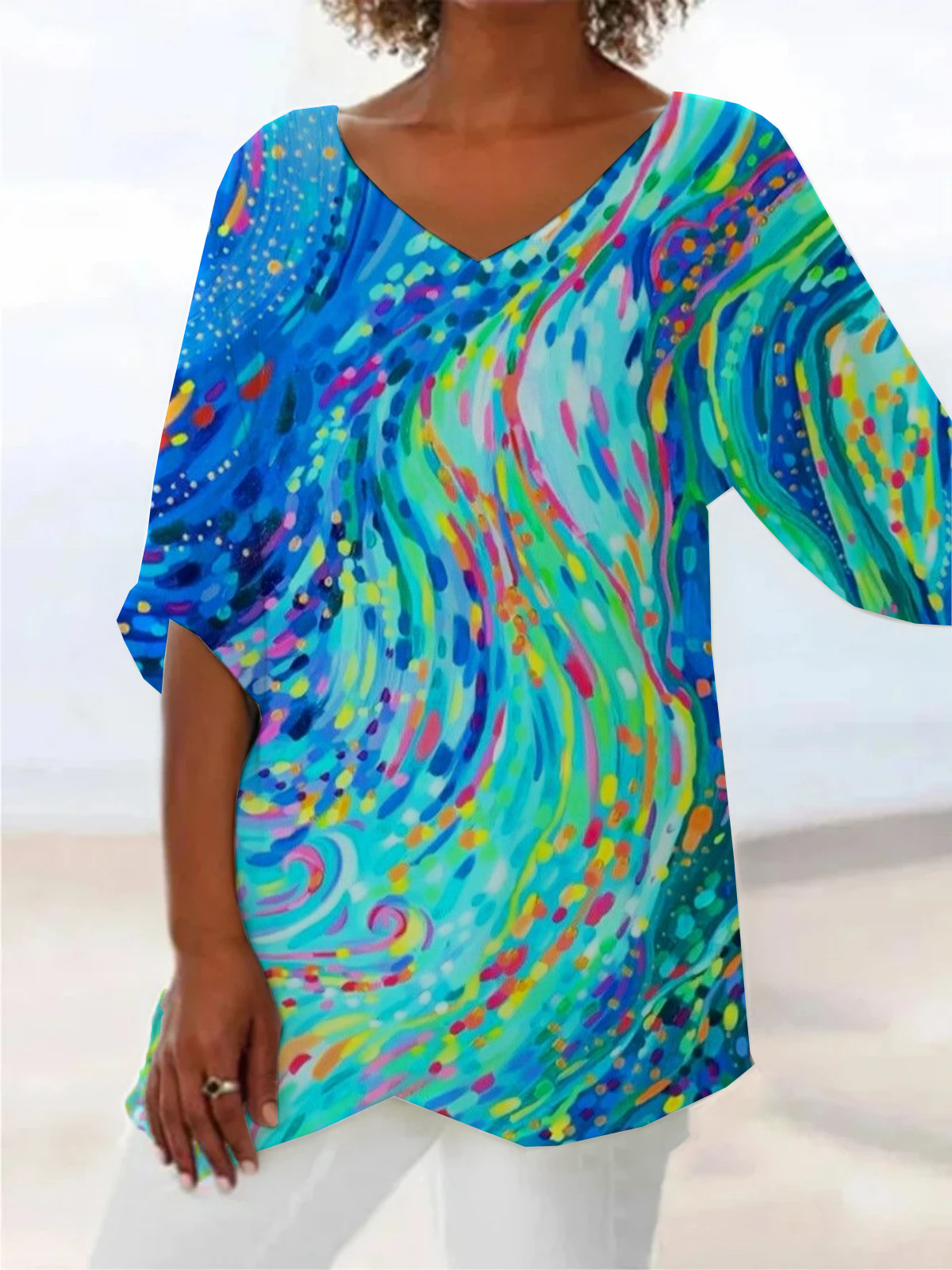 Damen Abstrakt Kurzarm Bluse Sommer Print V-Ausschnitt Täglich Lässig Oberteile