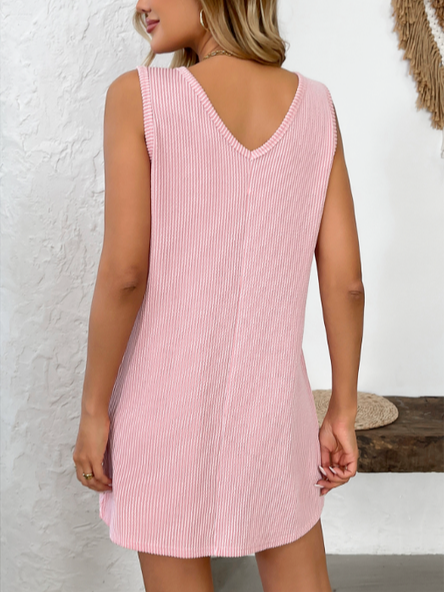 Damen Unifarben Ärmellos Sommer Kleid V-Ausschnitt Täglich Lässig Midi Tanktop H-Linie Kleid