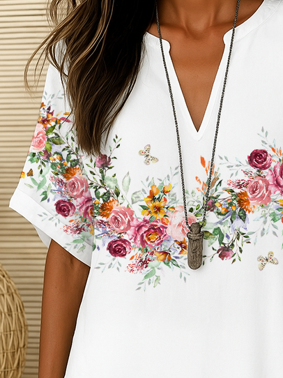 Damen Geblümt Kurzarm Bluse Sommer Print V-Ausschnitt Täglich Lässig Oberteile