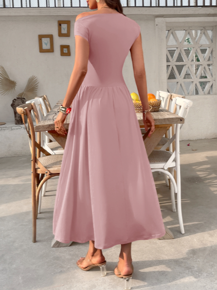 Damen Unifarben Kurzarm Sommer Kleid Asymmetrisch Täglich Lässig Maxikleid Tunika A-Linien-Kleid