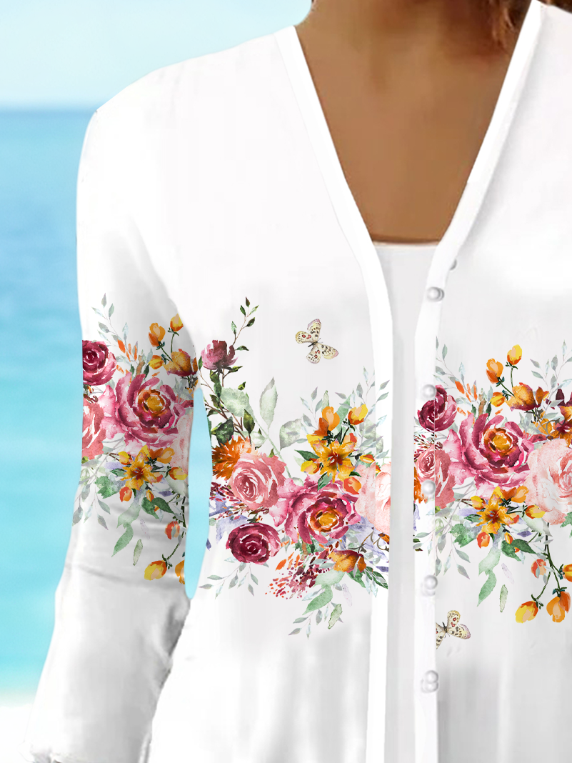 Damen Geblümt Frühling/Herbst Aufdecken Lässig Print Leicht Strickjacke