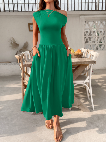 Damen Unifarben Kurzarm Sommer Kleid Asymmetrisch Täglich Lässig Maxikleid Tunika A-Linien-Kleid