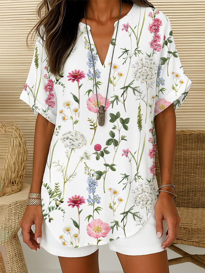 Damen Geblümt Kurzarm Bluse Sommer Print V-Ausschnitt Täglich Lässig Oberteile