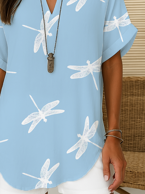 Damen Libelle Kurzarm Bluse Sommer Print V-Ausschnitt Täglich Lässig Oberteile
