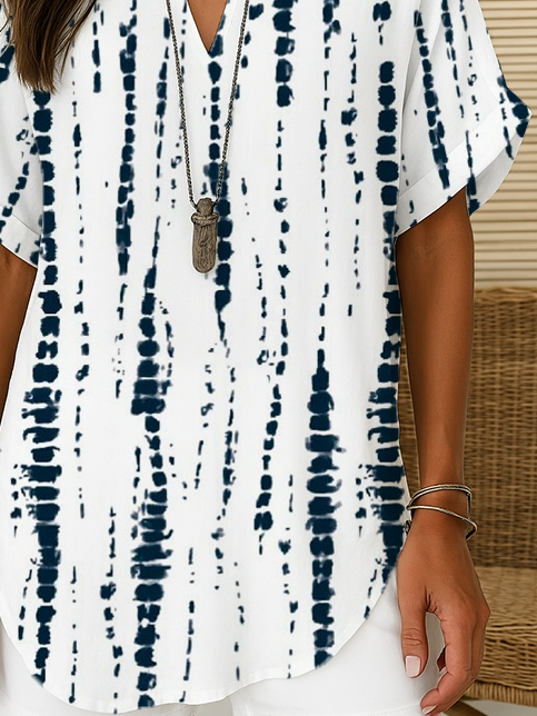 Damen Gestreift Kurzarm Bluse Sommer Print V-Ausschnitt Täglich Lässig Oberteile