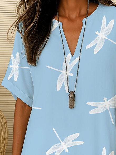 Damen Libelle Kurzarm Bluse Sommer Print V-Ausschnitt Täglich Lässig Oberteile