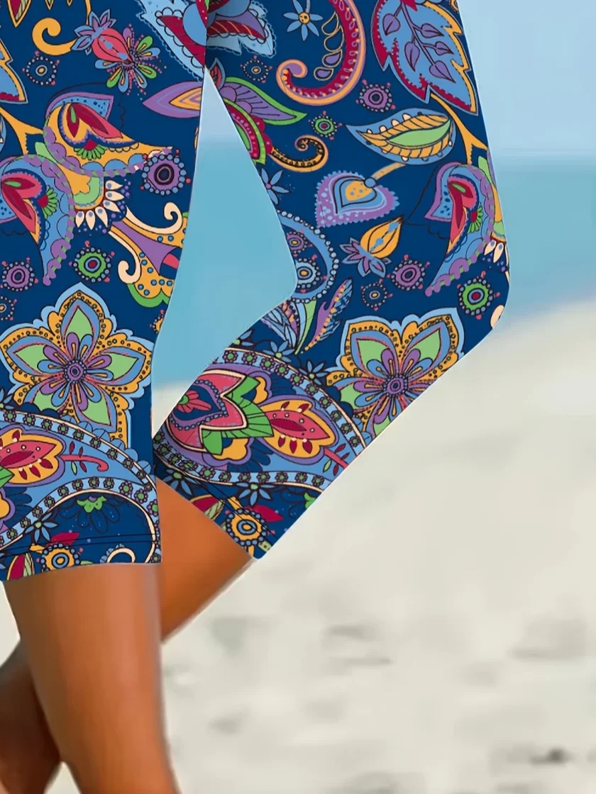 Damen Geblümt Caprihosen Elastische Taille Hose Lässig Sommer Hose