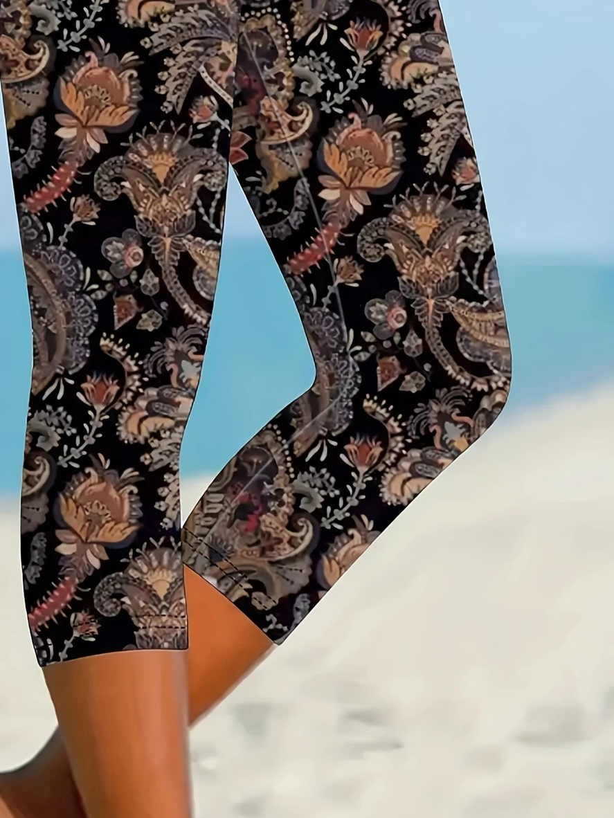 Damen Geblümt Caprihosen Elastische Taille Hose Lässig Sommer Hose