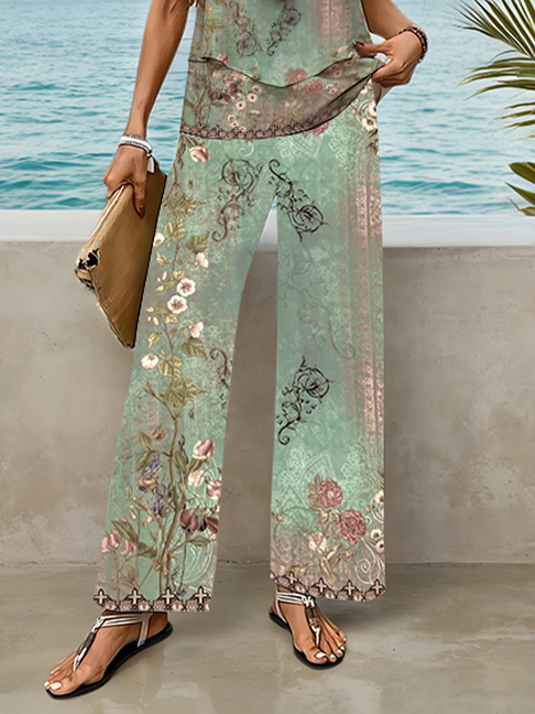 Damen Geblümt Print Zweiteiliges Set Täglich Ärmellos Lässig Sommer Bluse mit Hose Matching Set