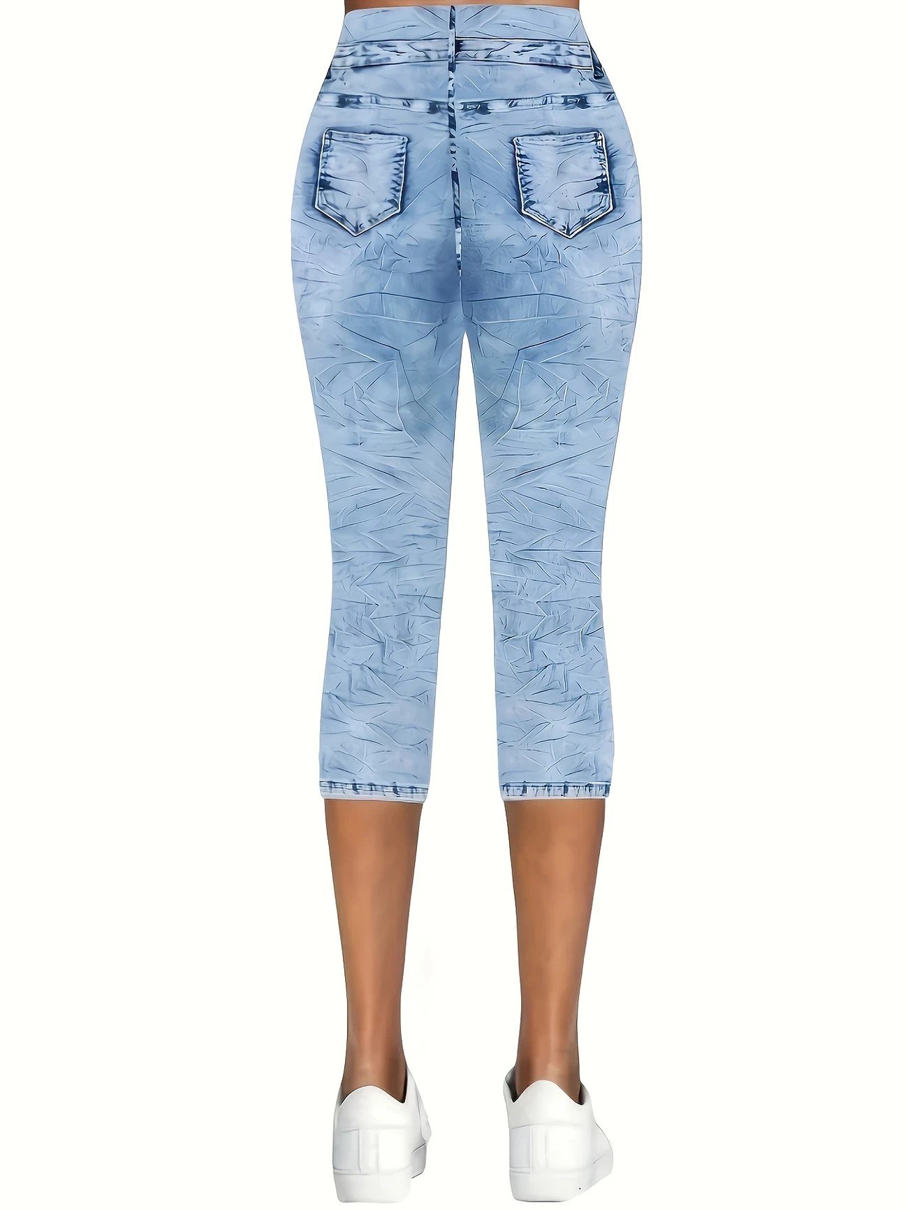 Damen Grafik mit Denim-Imitat-Print Caprihosen Elastische Taille Hose Lässig Sommer Hose