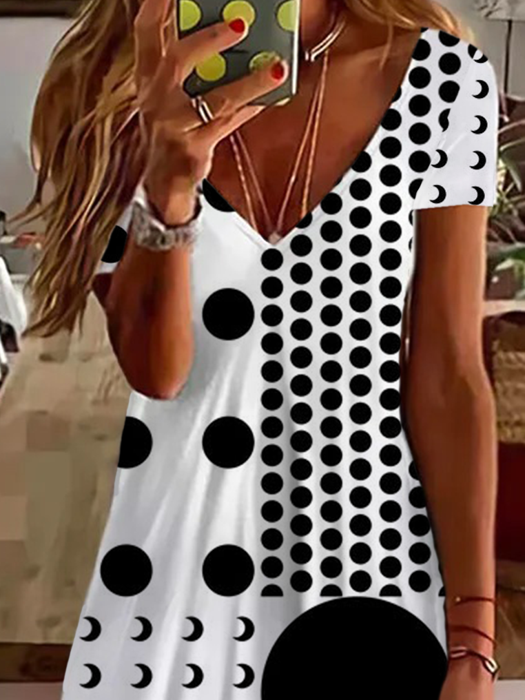 Damen Polka Dots Kurzarm Sommer Print Kleid V-Ausschnitt Täglich Lässig Midi Passen & Flare Kleid A-Linien-Kleid