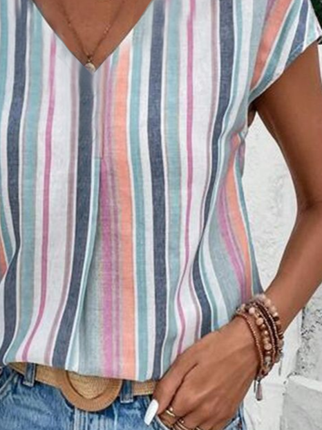 Damen Gestreift Kurzarm T-Shirts T-Shirt V-Ausschnitt Print Lässig Sommer Oberteile