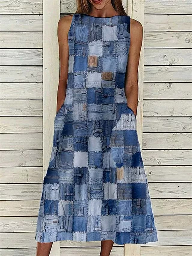 Damen Kariert Ärmellos Sommer Print Kleid Rundhals Täglich Lässig Maxikleid Passen & Flare Kleid H-Linie Kleid