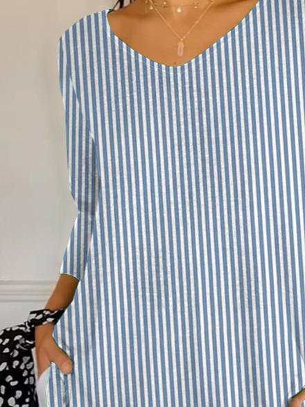 Damen Gestreift Dreiviertelärmel T-Shirts T-Shirt V-Ausschnitt Print Lässig Frühling/Herbst T-Shirt mit Grafik Oberteile