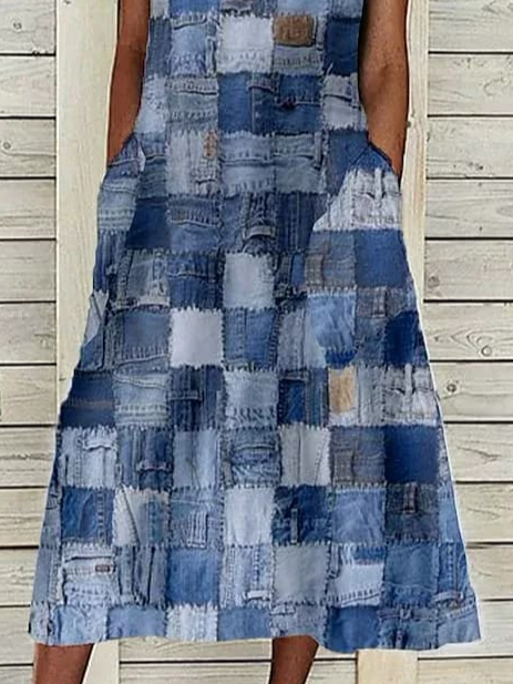 Damen Kariert Ärmellos Sommer Print Kleid Rundhals Täglich Lässig Maxikleid Passen & Flare Kleid H-Linie Kleid