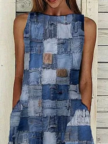 Damen Kariert Ärmellos Sommer Print Kleid Rundhals Täglich Lässig Maxikleid Passen & Flare Kleid H-Linie Kleid