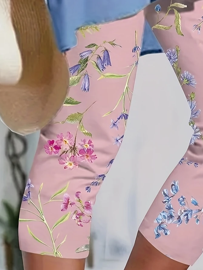 Damen Geblümt Caprihosen Elastische Taille Hose Lässig Sommer Hose