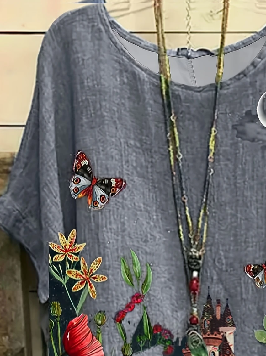 Damen Geblümt Kurzarm T-Shirts T-Shirt Rundhals Print Lässig Sommer T-Shirt mit Grafik Oberteile