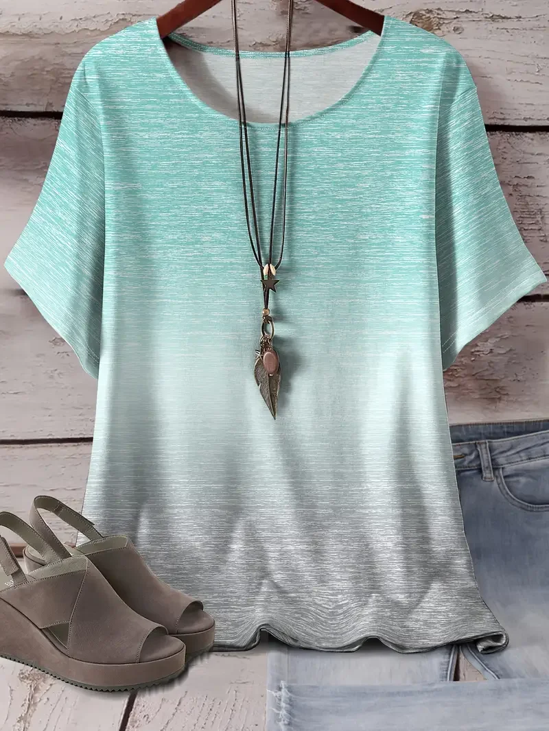 Damen Farbverlauf Kurzarm T-Shirts T-Shirt Rundhals Print Lässig Sommer T-Shirt mit Grafik Oberteile
