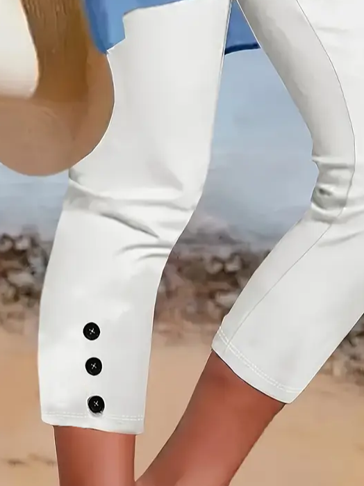 Damen Unifarben Caprihosen Elastische Taille Hose Lässig Sommer Hose