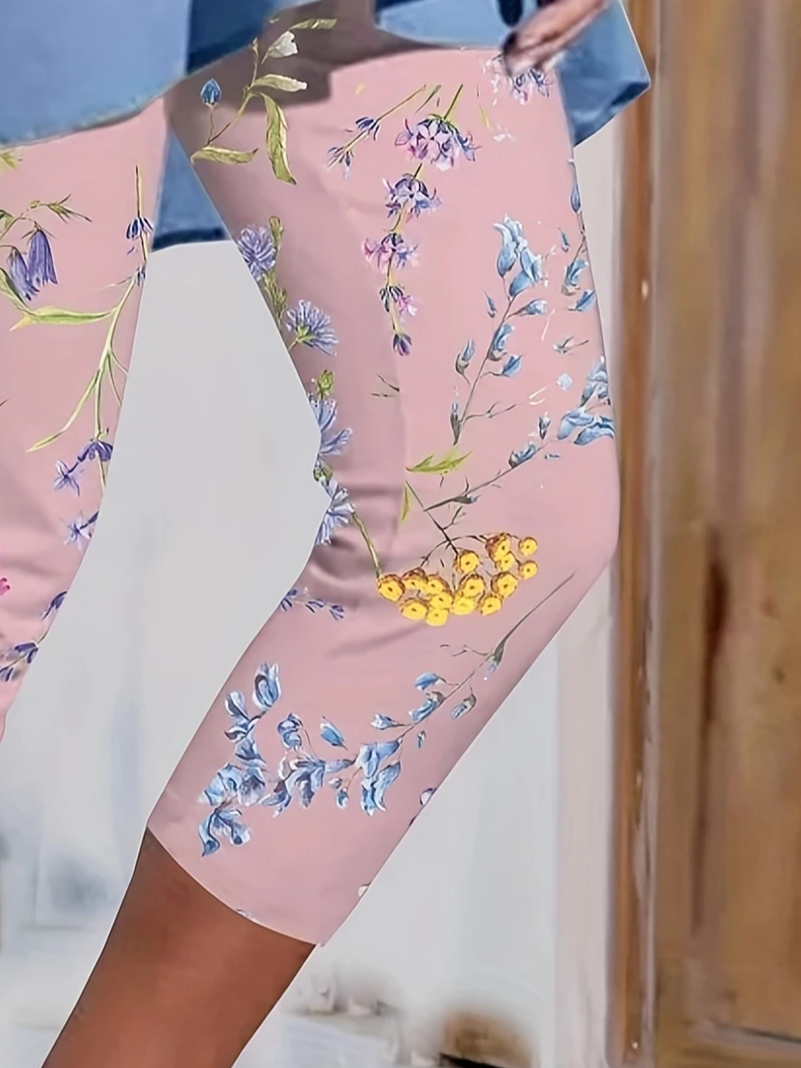 Damen Geblümt Caprihosen Elastische Taille Hose Lässig Sommer Hose