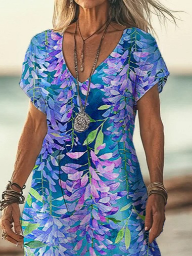 Damen Geblümt Kurzarm Sommer Print Kleid V-Ausschnitt Täglich Lässig Maxikleid X-Linie Kleid