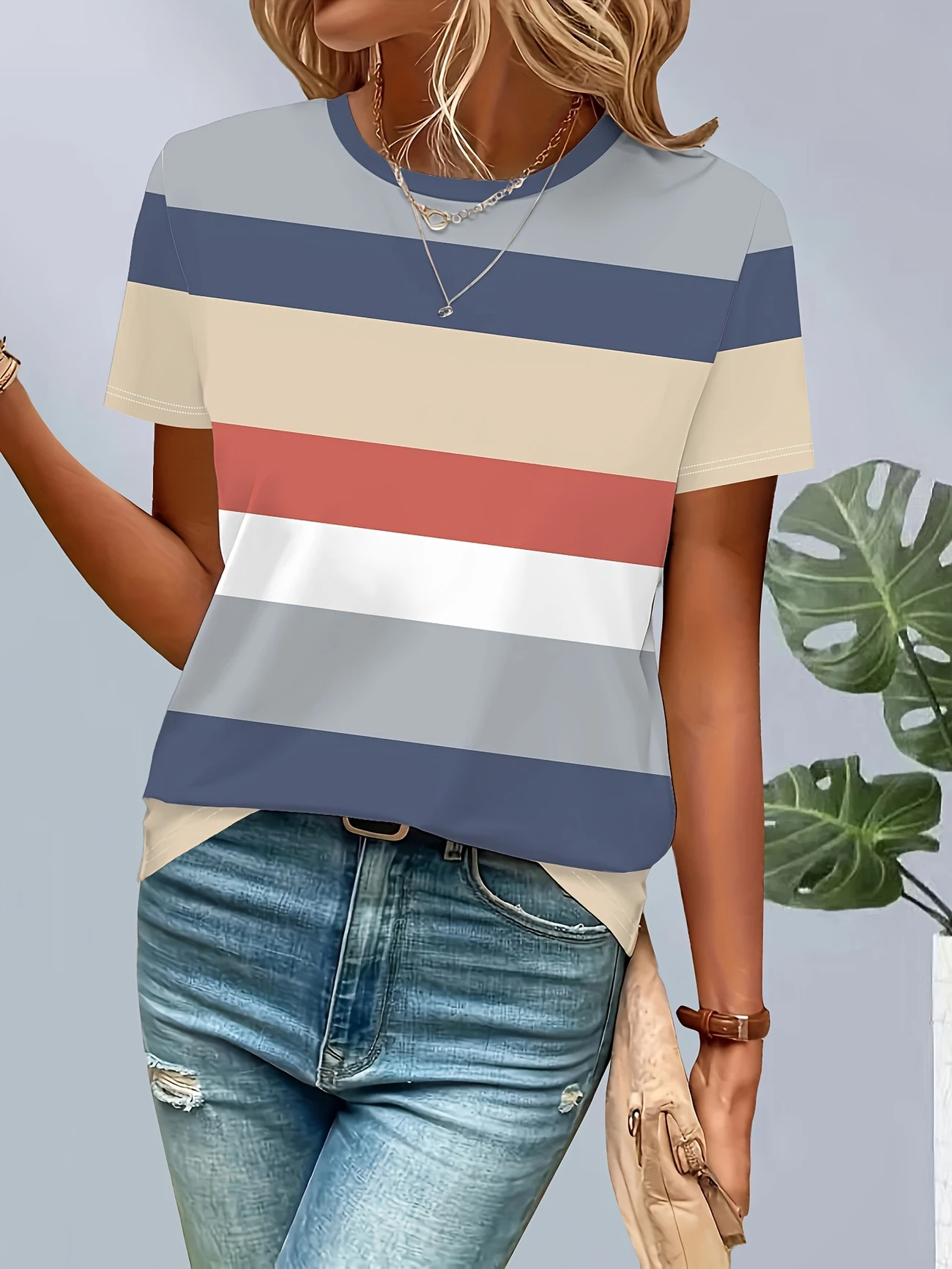 Damen Gestreift Kurzarm T-Shirts T-Shirt Rundhals Print Lässig Sommer T-Shirt mit Grafik Oberteile