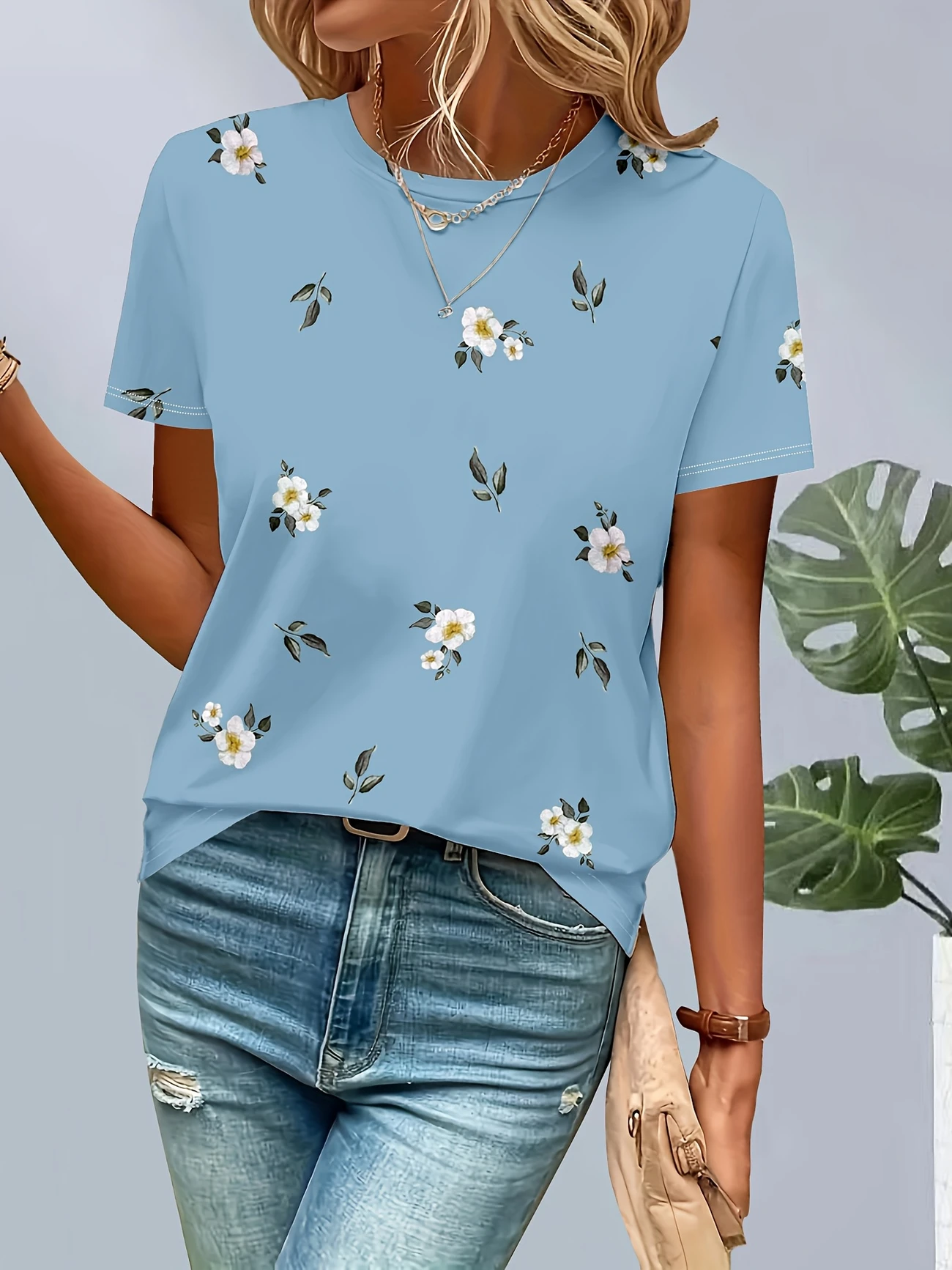 Damen Geblümt Kurzarm T-Shirts T-Shirt Rundhals Print Lässig Sommer T-Shirt mit Grafik Oberteile