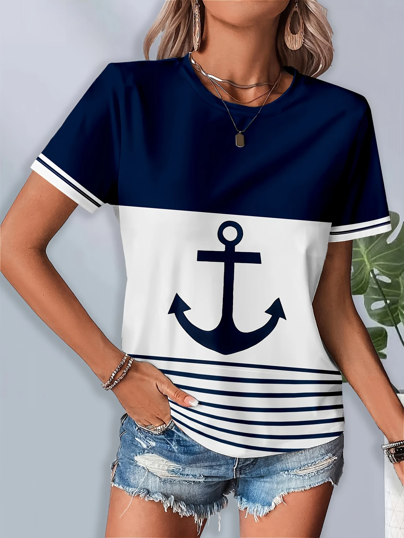 Damen Anker Kurzarm T-Shirts T-Shirt Rundhals Print Lässig Sommer T-Shirt mit Grafik Oberteile