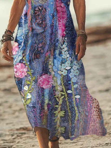 Damen Geblümt Kurzarm Sommer Print Kleid V-Ausschnitt Täglich Lässig Maxikleid X-Linie Kleid