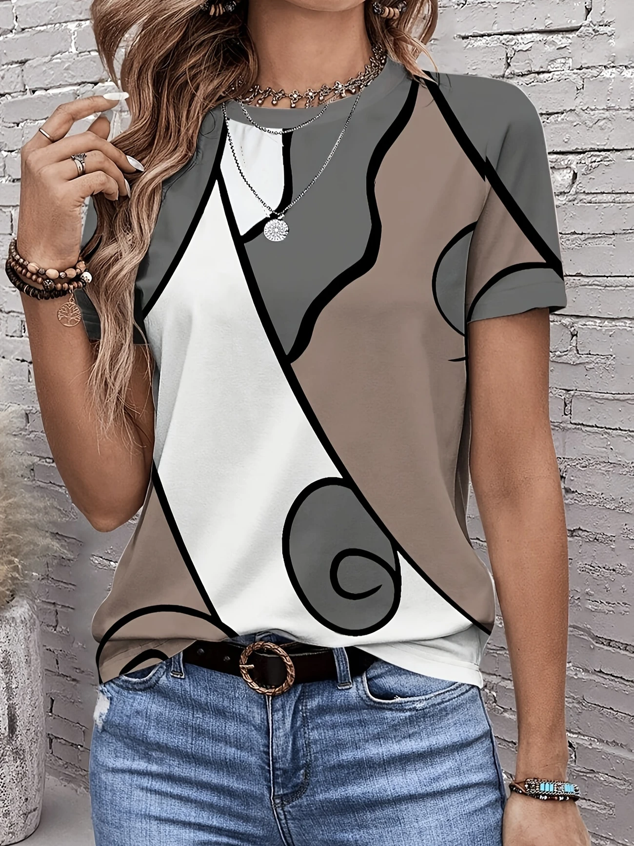 Damen Abstrakt Kurzarm T-Shirts T-Shirt Rundhals Print Lässig Sommer T-Shirt mit Grafik Oberteile