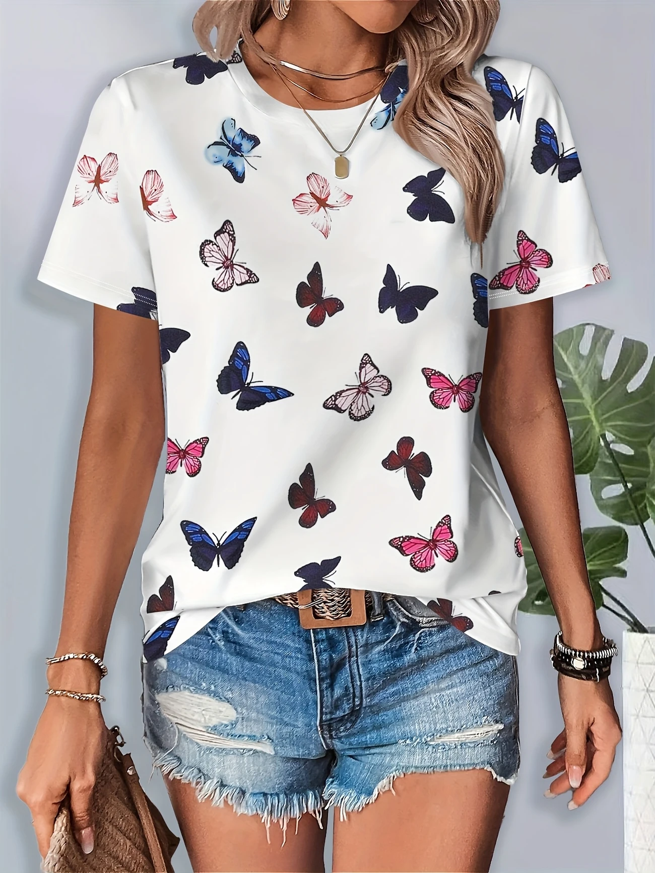 Damen Schmetterling Kurzarm T-Shirts T-Shirt Rundhals Print Lässig Sommer T-Shirt mit Grafik Oberteile