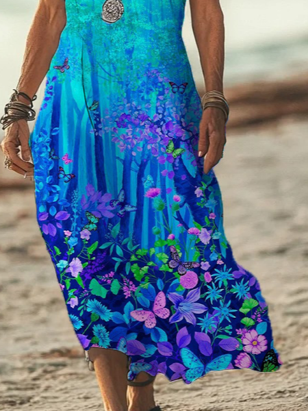 Damen Geblümt Kurzarm Sommer Print Kleid V-Ausschnitt Täglich Lässig Maxikleid X-Linie Kleid