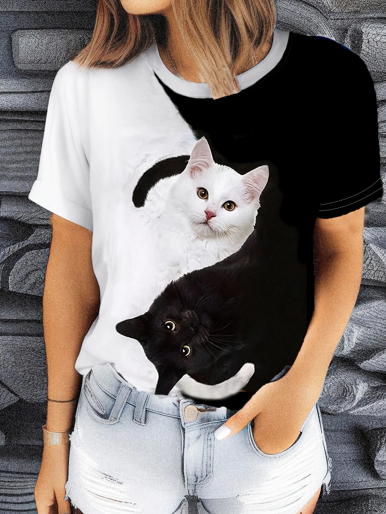 Damen Katze Kurzarm T-Shirts T-Shirt Rundhals Print Lässig Sommer T-Shirt mit Grafik Oberteile