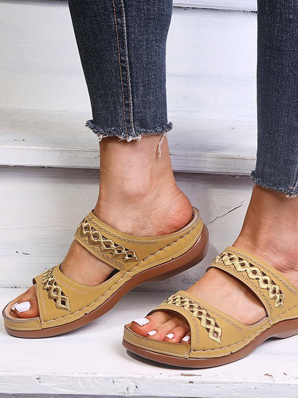 Neu Große Größen Pantoletten, Retro Patchwork, Rutschfest Rund Keilabsatz, Bequem Flach Pantolette für Damen