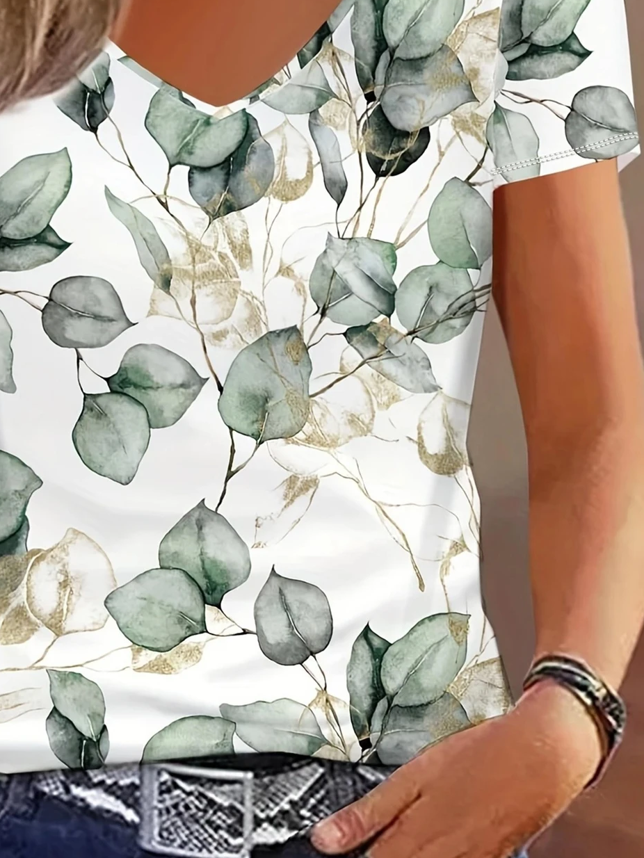 Damen Geblümt Kurzarm T-Shirts T-Shirt V-Ausschnitt Print Lässig Sommer T-Shirt mit Grafik Oberteile