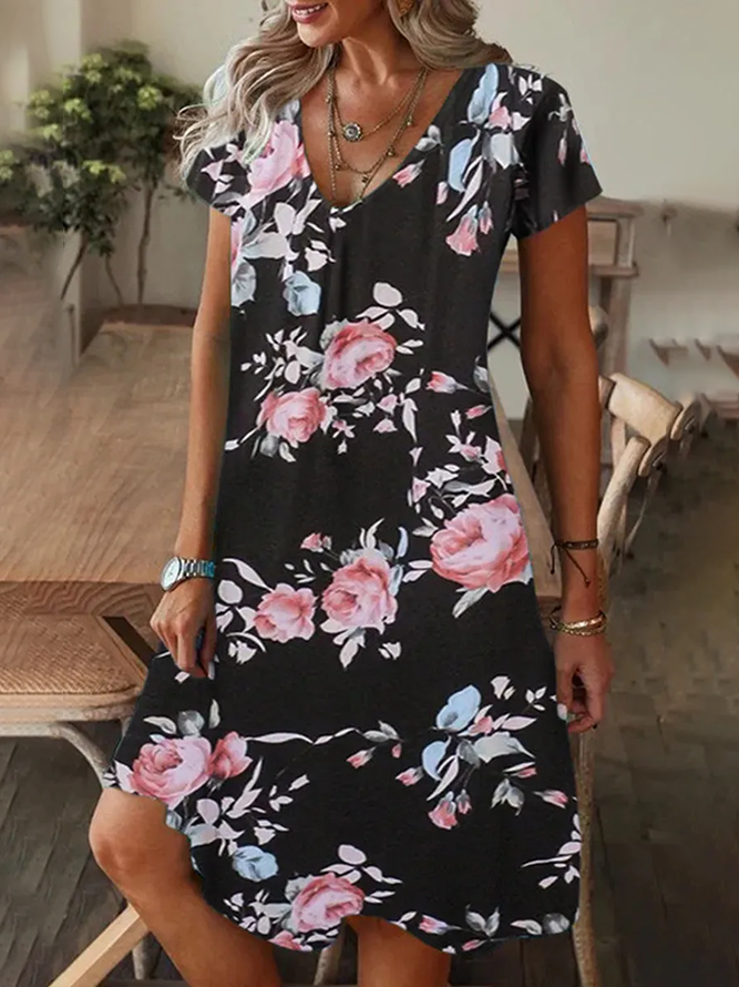 Damen Geblümt Kurzarm Sommer Print Kleid V-Ausschnitt Täglich Lässig Knielänge T-Shirt-Kleid H-Linie Kleid