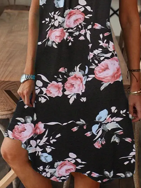 Damen Geblümt Kurzarm Sommer Print Kleid V-Ausschnitt Täglich Lässig Knielänge T-Shirt-Kleid H-Linie Kleid