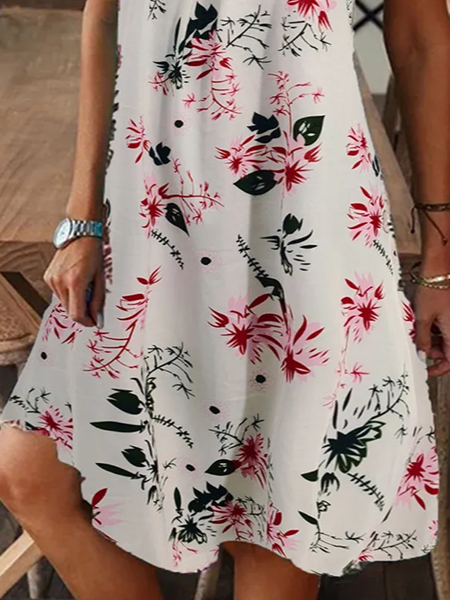 Damen Geblümt Kurzarm Sommer Print Kleid V-Ausschnitt Täglich Lässig Knielänge T-Shirt-Kleid H-Linie Kleid