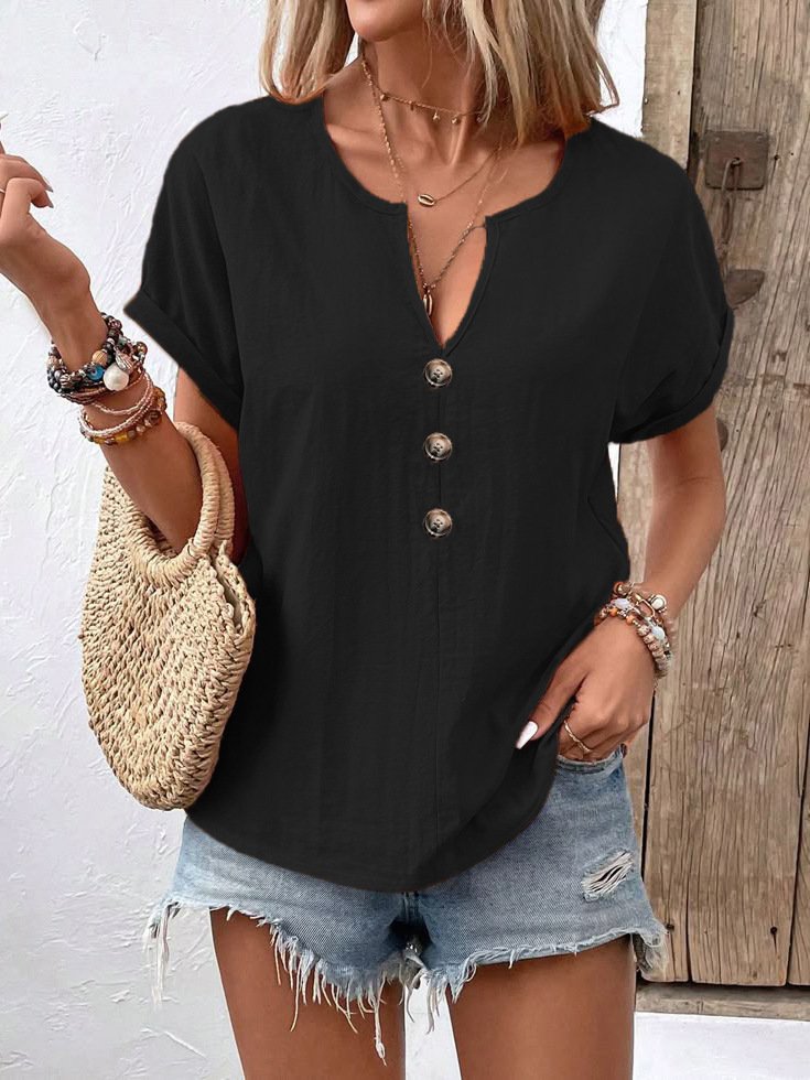 Damen Unifarben Kurzarm T-Shirts T-Shirt V-Ausschnitt Lässig Sommer Oberteile