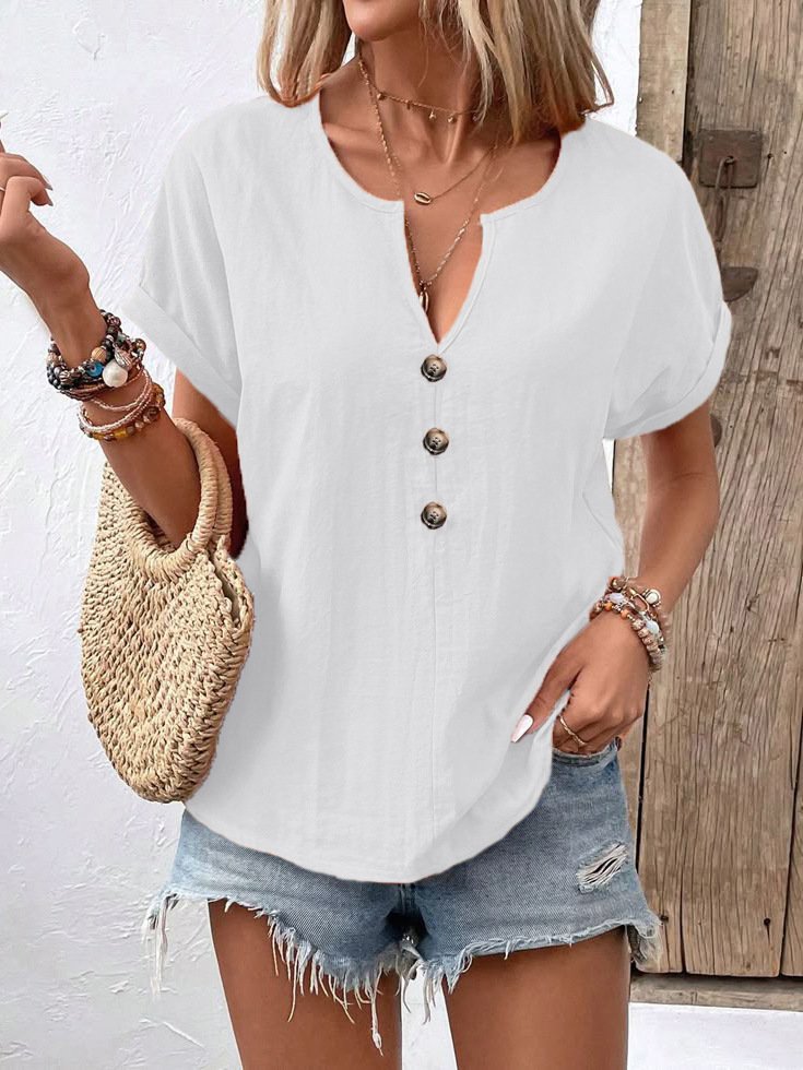 Damen Unifarben Kurzarm T-Shirts T-Shirt V-Ausschnitt Lässig Sommer Oberteile