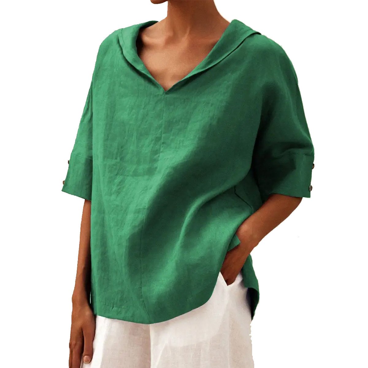 Damen Unifarben Halbarm Bluse Sommer V-Ausschnitt Täglich Lässig Oberteile