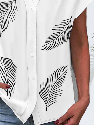 Damen Feder Kurzarm Bluse Sommer Schnalle V-Ausschnitt Täglich Lässig Oberteile