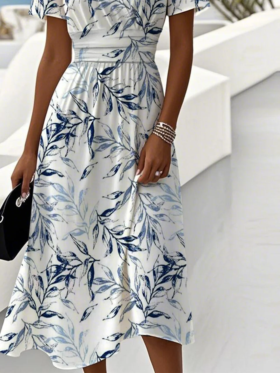 Damen Blätter Kurzarm Sommer Kleid V-Ausschnitt Täglich Lässig Maxikleid Strandkleid A-Linien-Kleid