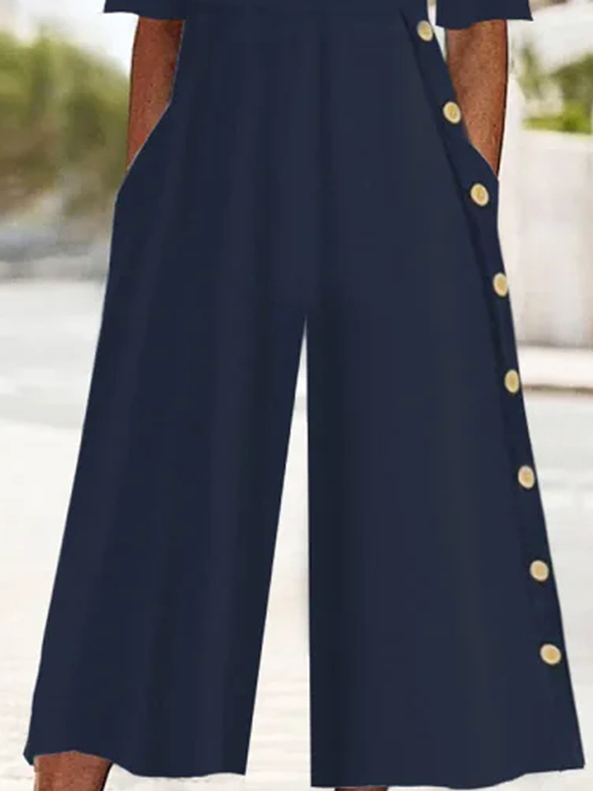Damen Unifarben V-Ausschnitt Halbarm Lässig Sommer Jumpsuit