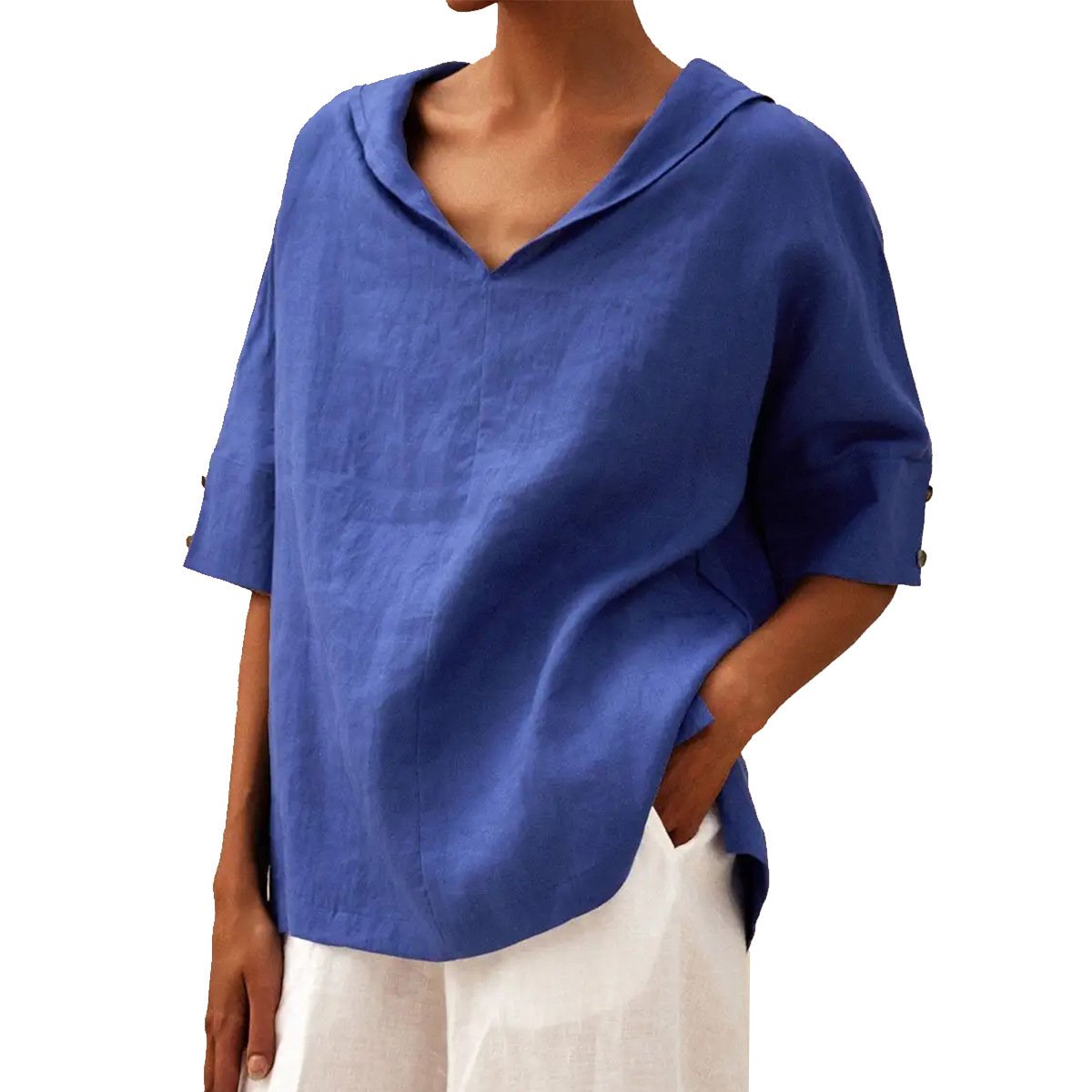 Damen Unifarben Halbarm Bluse Sommer V-Ausschnitt Täglich Lässig Oberteile