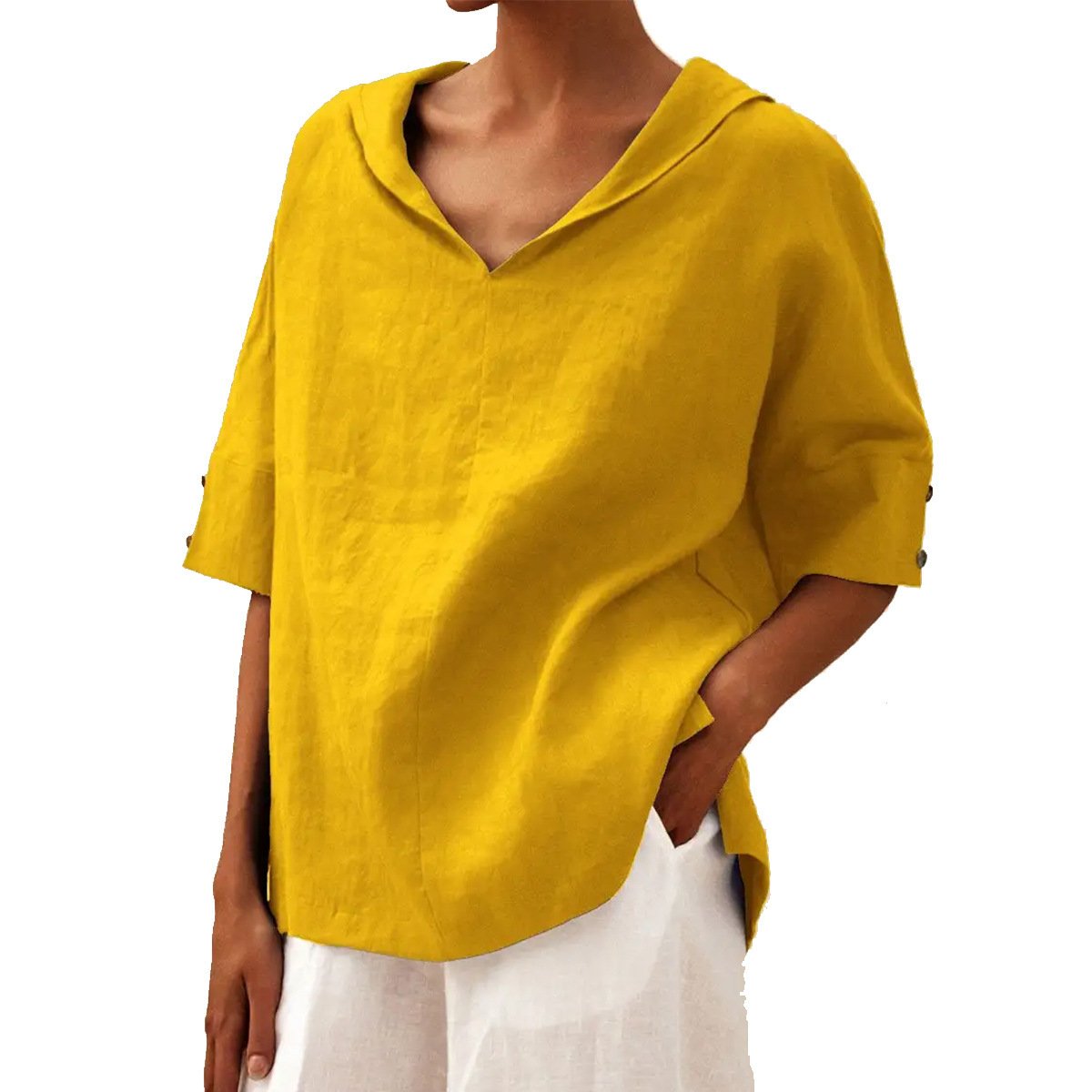 Damen Unifarben Halbarm Bluse Sommer V-Ausschnitt Täglich Lässig Oberteile