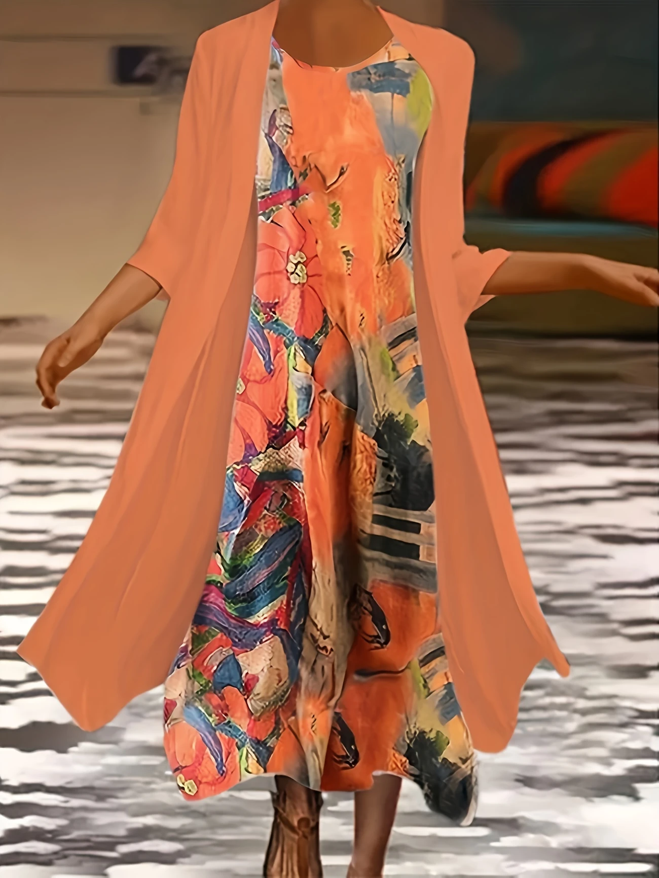 Damen Abstrakt Print Zweiteiliges Set Täglich Dreiviertelärmel Lässig Frühling/Herbst Kleid mit Mantel Matching Set