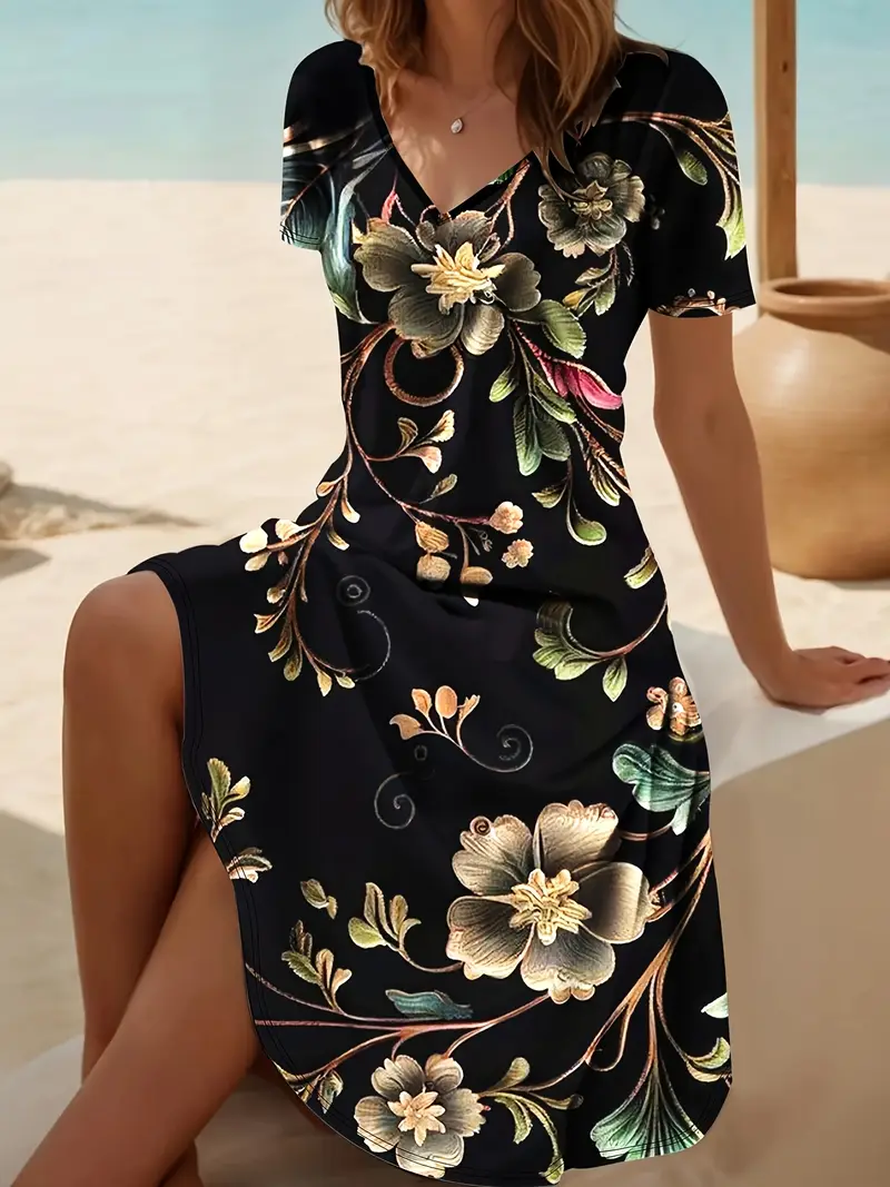 Damen Geblümt Kurzarm Sommer Kleid V-Ausschnitt Täglich Lässig Midi A-Linien-Kleid
